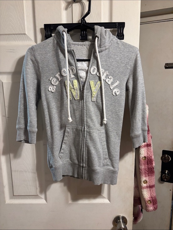 Aeropostale Tops - Aeropostale Gray NY Zip Hoodie with White Drawstrings
